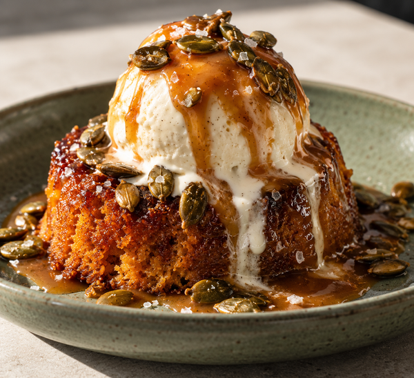 Pumpkin upside-down mini cakes, vanilla & miso caramel