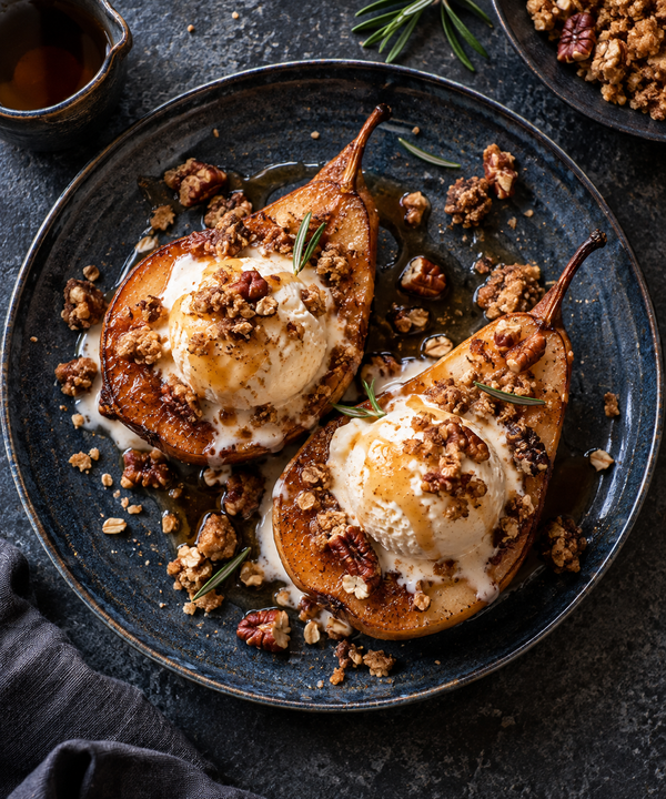 Roasted pears, Rebelle vanilla & maple-rosemary crumble