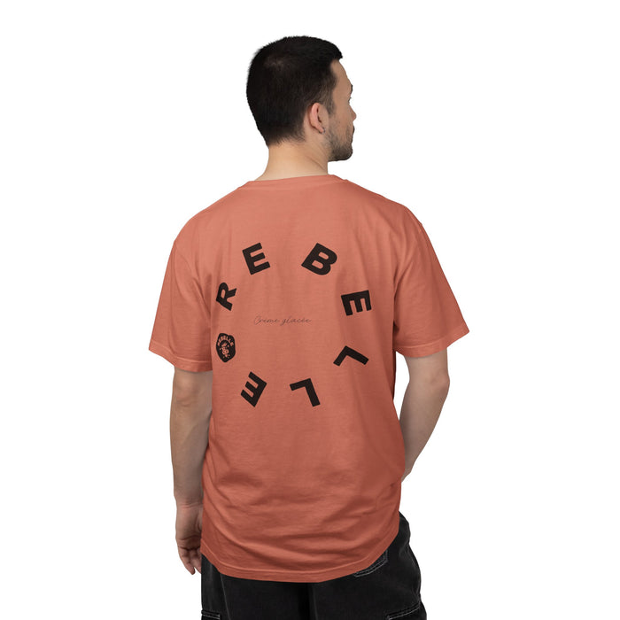 Rebel Life Tee — Minimal Script Front, Circular 'REBEL' Back Graphic