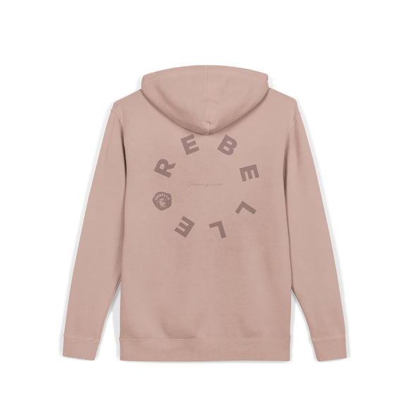 Pigment-Dyed Hoodie — 'Rebel' Circular Back Logo, Vintage Washed Streetwear